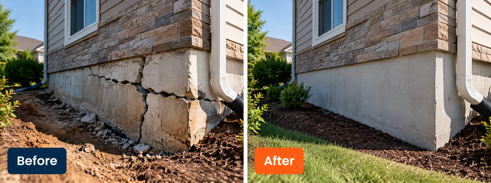 Before and after foundation repair on a cracked foundation wall