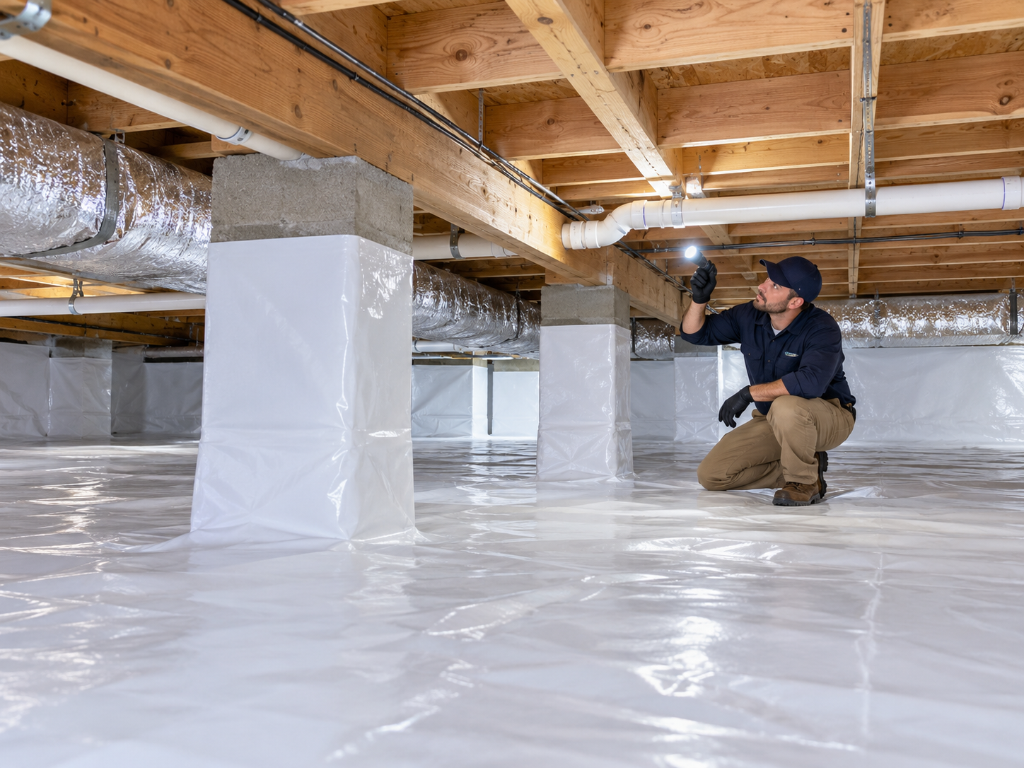 Encapsulated crawl space with vapor barrier