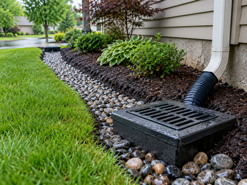 Yard drainage system redirecting water from a home