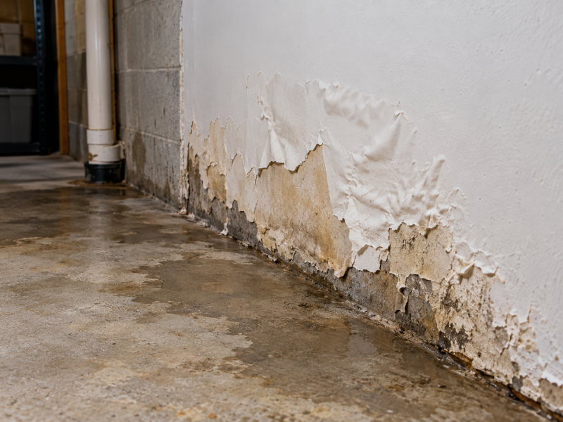 Peeling paint on a basement wall from moisture