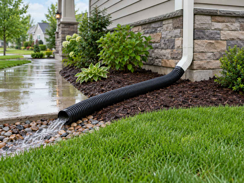 Downspout extension carrying runoff from a foundation