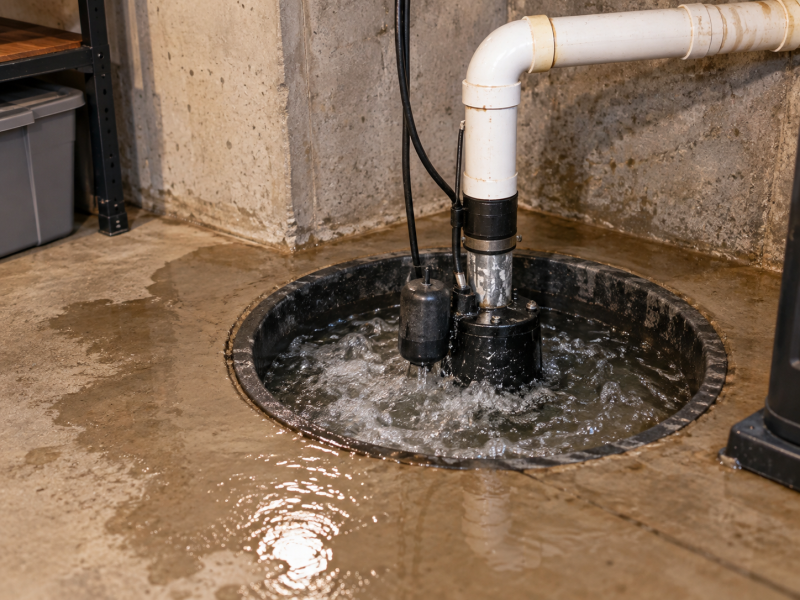 Sump pump removing water from a basement