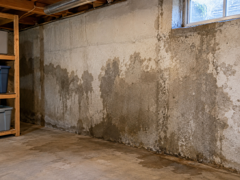 Damp basement wall with moisture staining