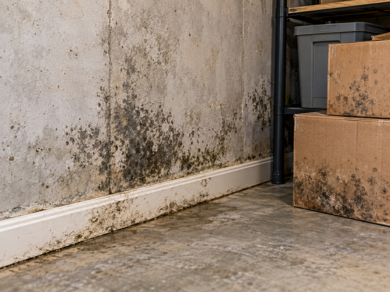 Mold growth in a damp basement