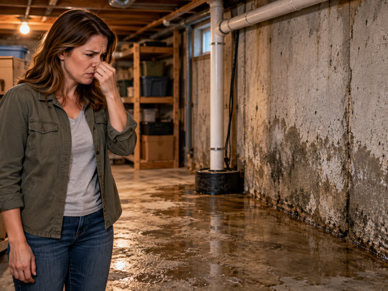 Musty odors in a damp basement