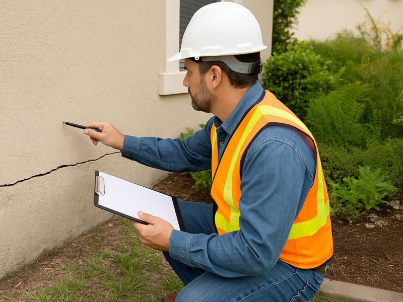 Technician inspecting a cracked foundation wall
