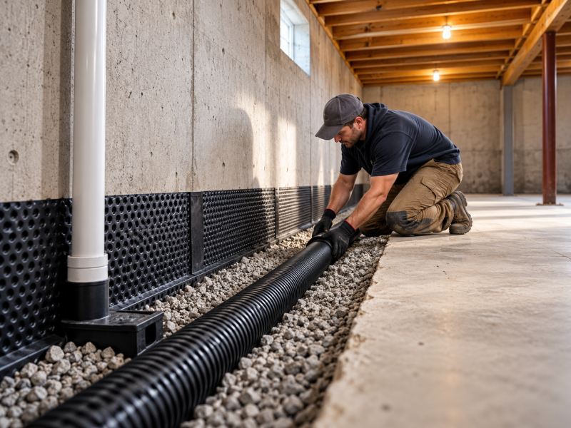 Basement waterproofing system keeping a basement dry