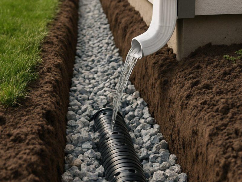 Drainage directing rainwater away from a foundation